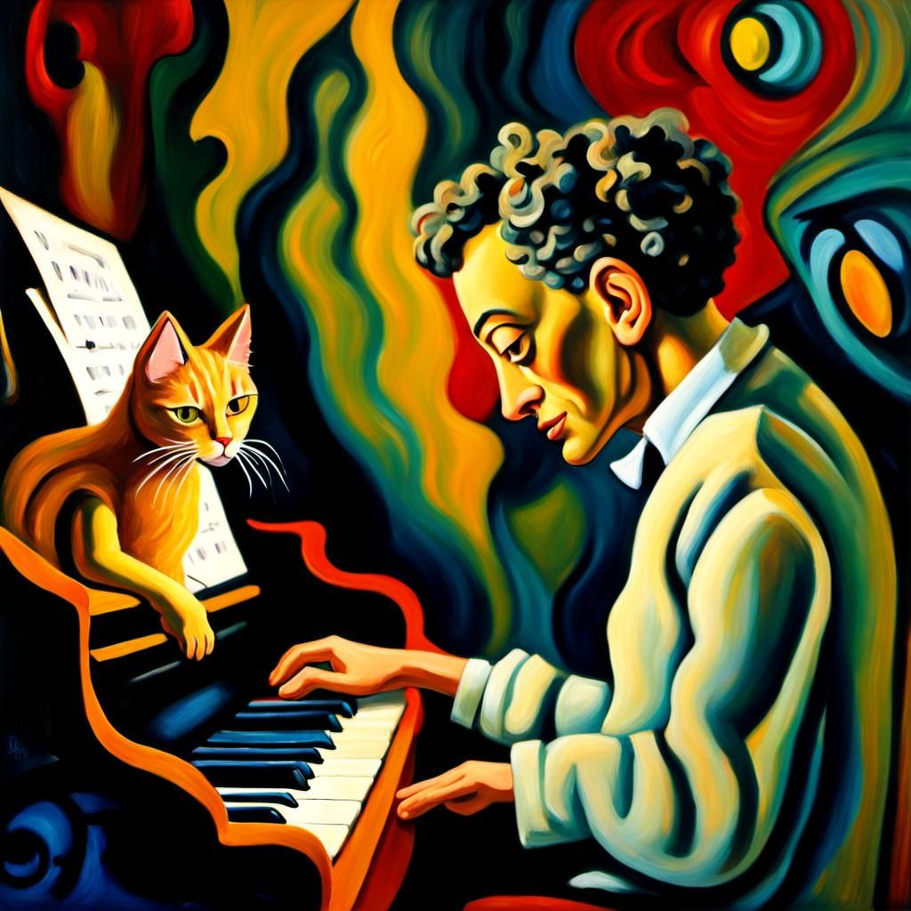 Musician and Cat in Surrealist Impasto Painting