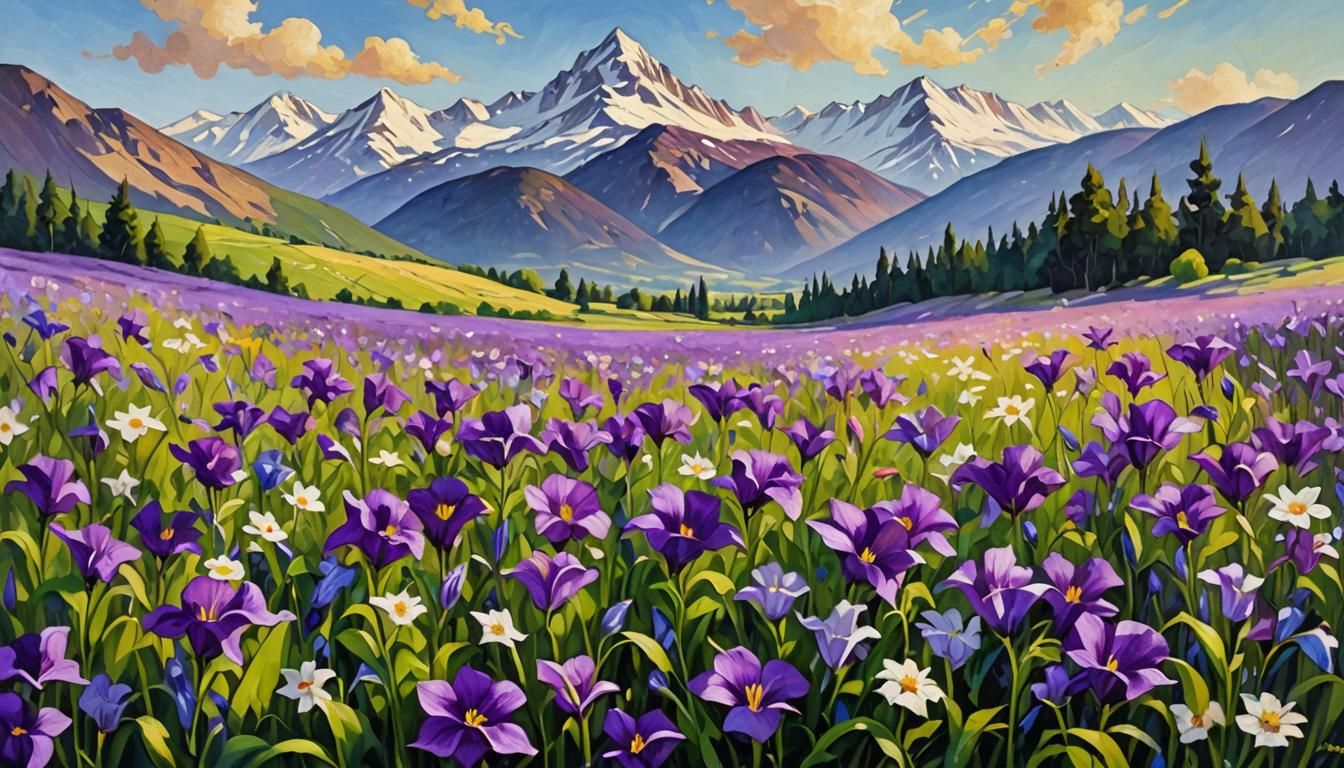 Bellflower Meadow in Neo-Impressionist Oil Painting