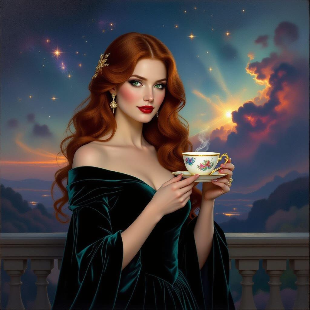 Distinguished Woman in Velvet Dress Overlooking Nebula