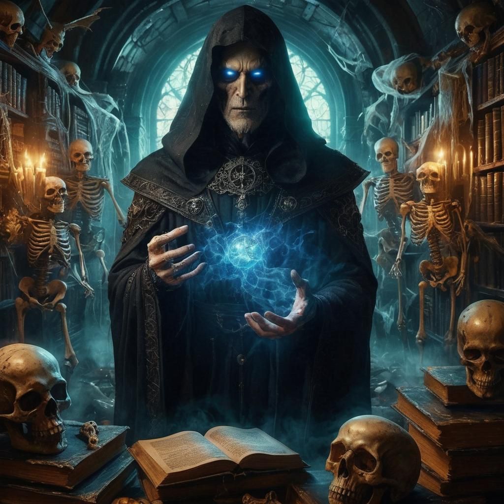 Halloween Necromancer in Gothic Crypt with Undead