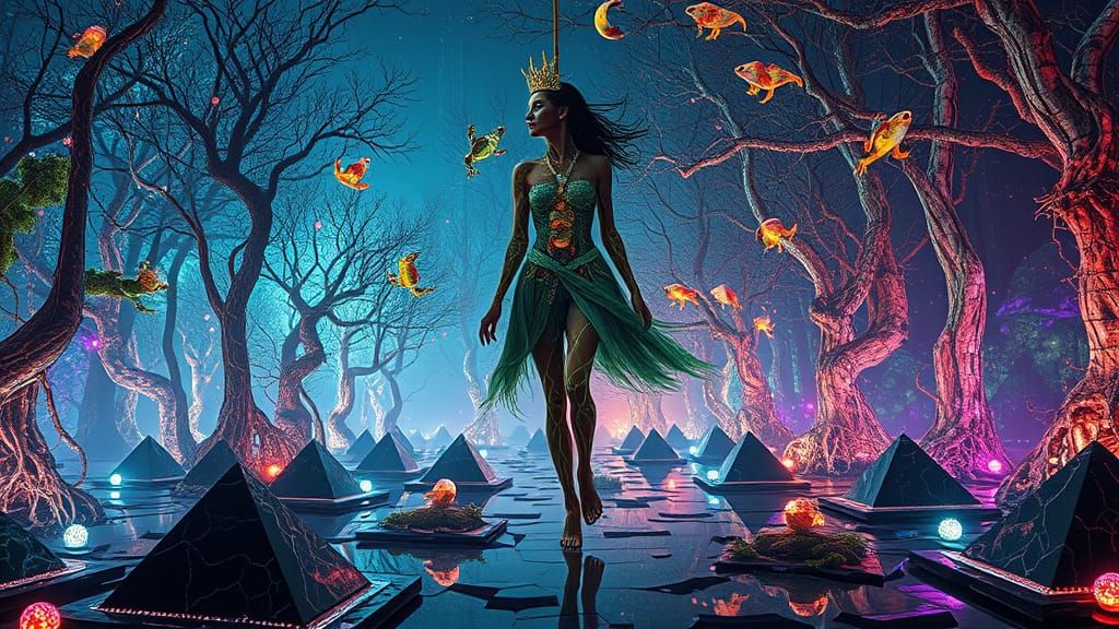 Bioluminescent Forest Dreamscape with Mystical Woman