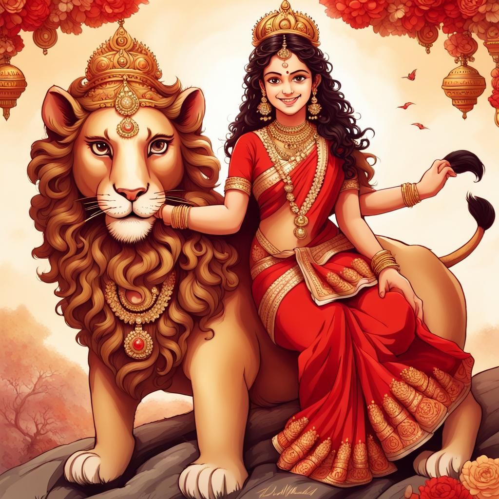 Maa Durga on Lion: Photorealistic Digital Painting