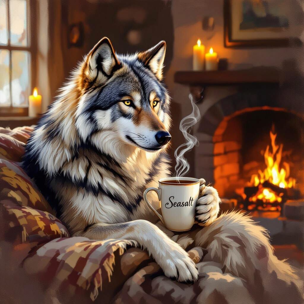 Wolf Enjoys Coffee in Cozy Home, Seasalt Mug