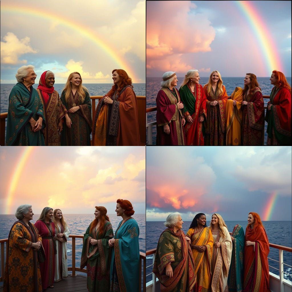 Women of Faith on Noah's Ark in Vibrant Stormy Skies