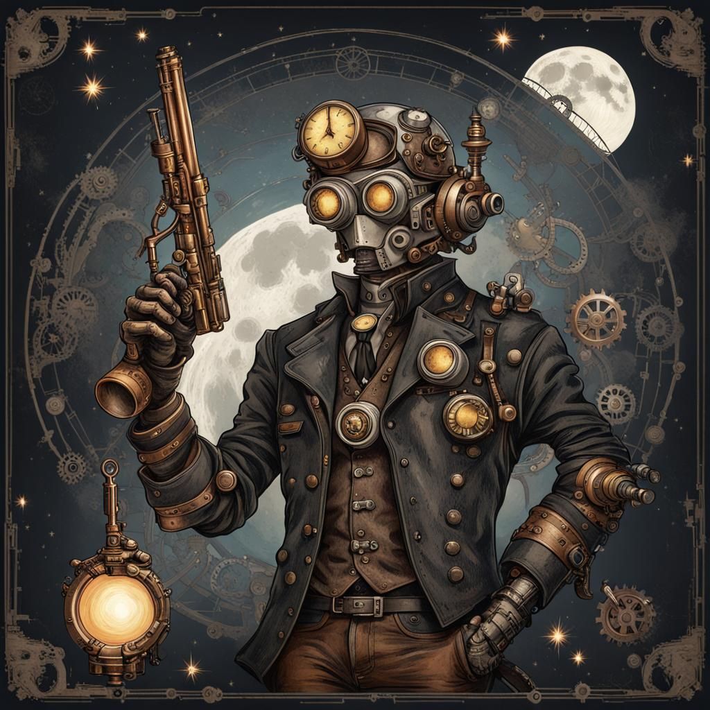 Steampunk Mech Warrior with Gun in Dark Landscape