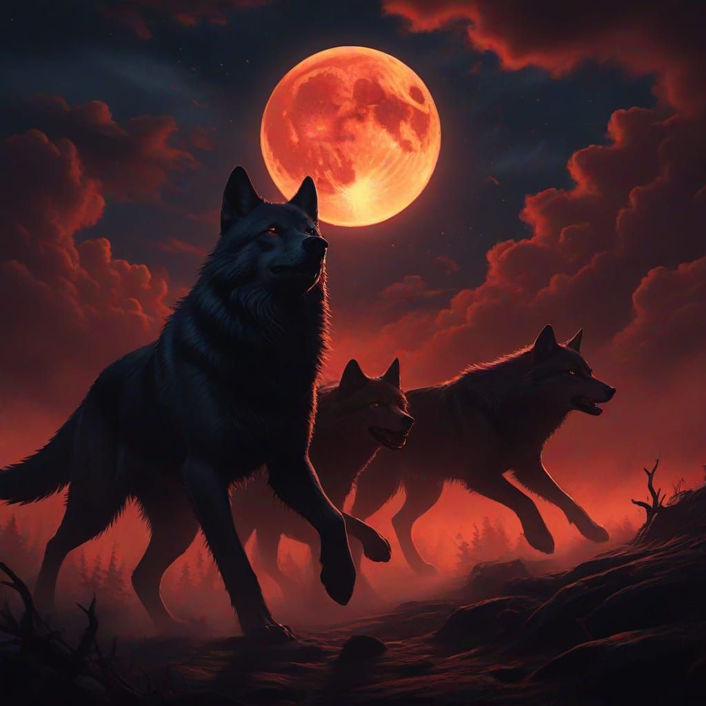 Hunter Moon Glow Illuminates Shadow Wolves in Oil Painting S...