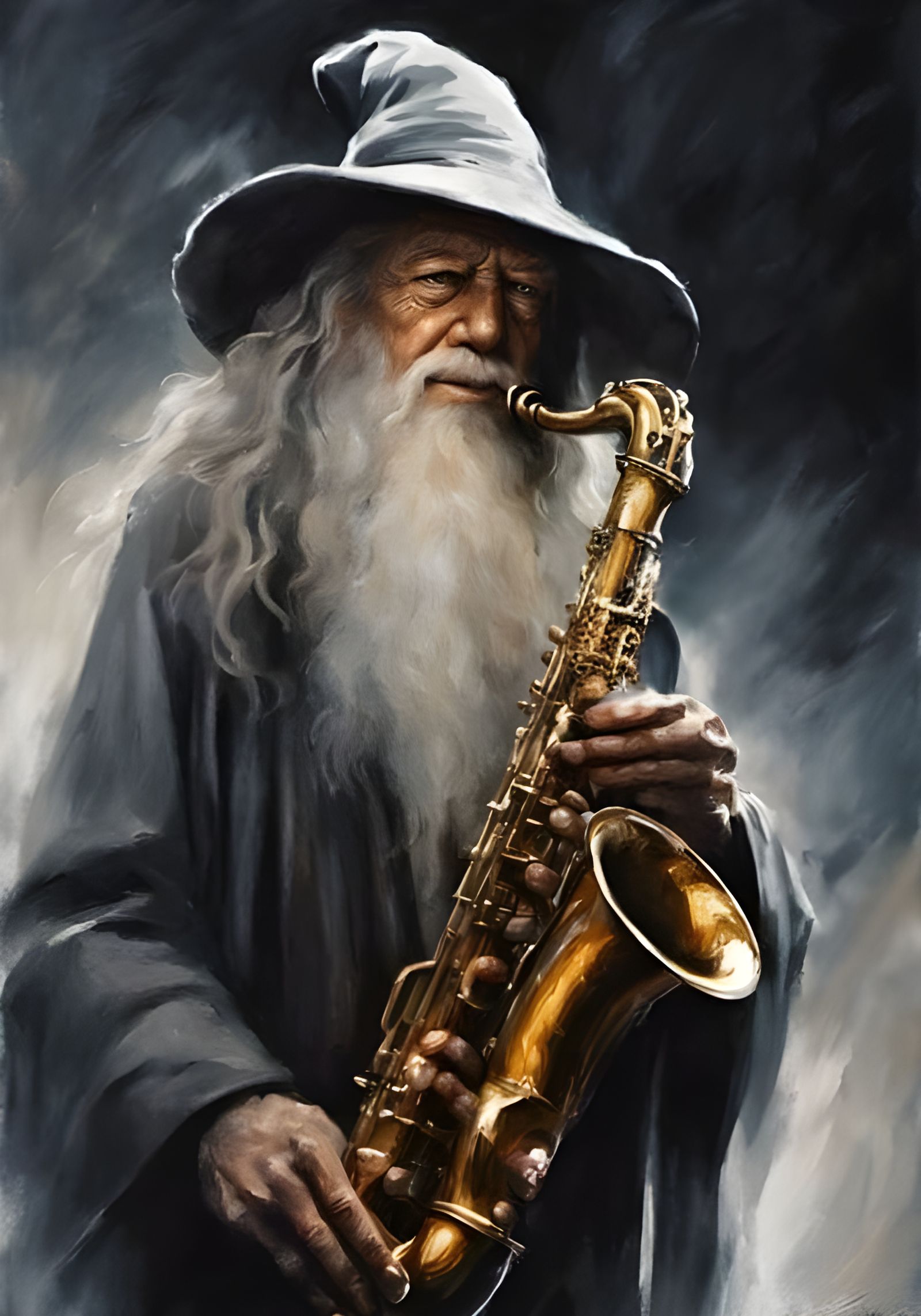 Gandalf's Sinister Saxophone Solo: A Dark Fantasy Oil Painti...