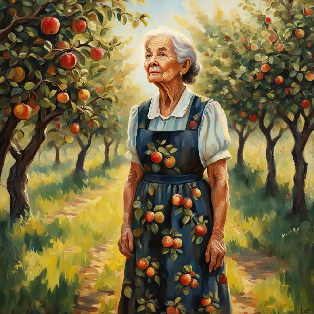 Impressionist Oil Painting of Woman in Orchard