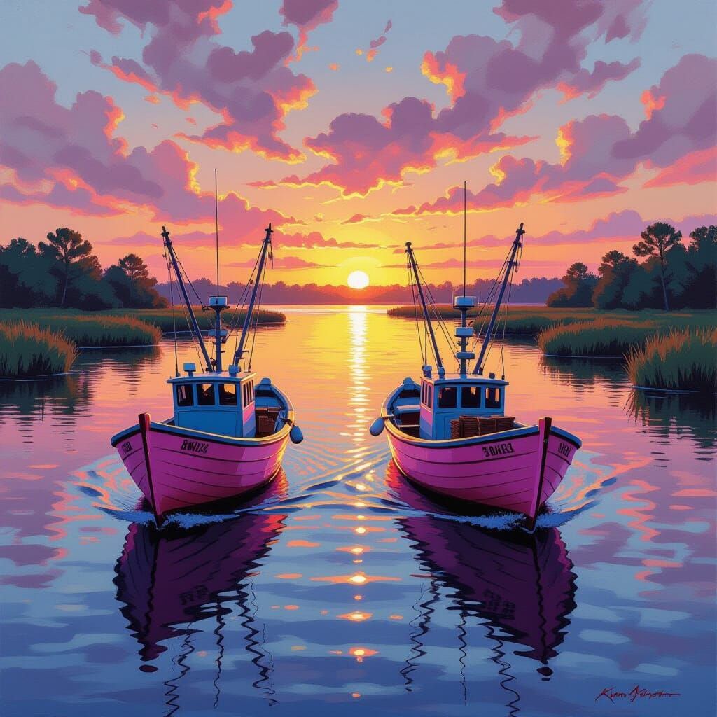 Pink and Blue Shrimp Boats Return to Bayou at Sunset