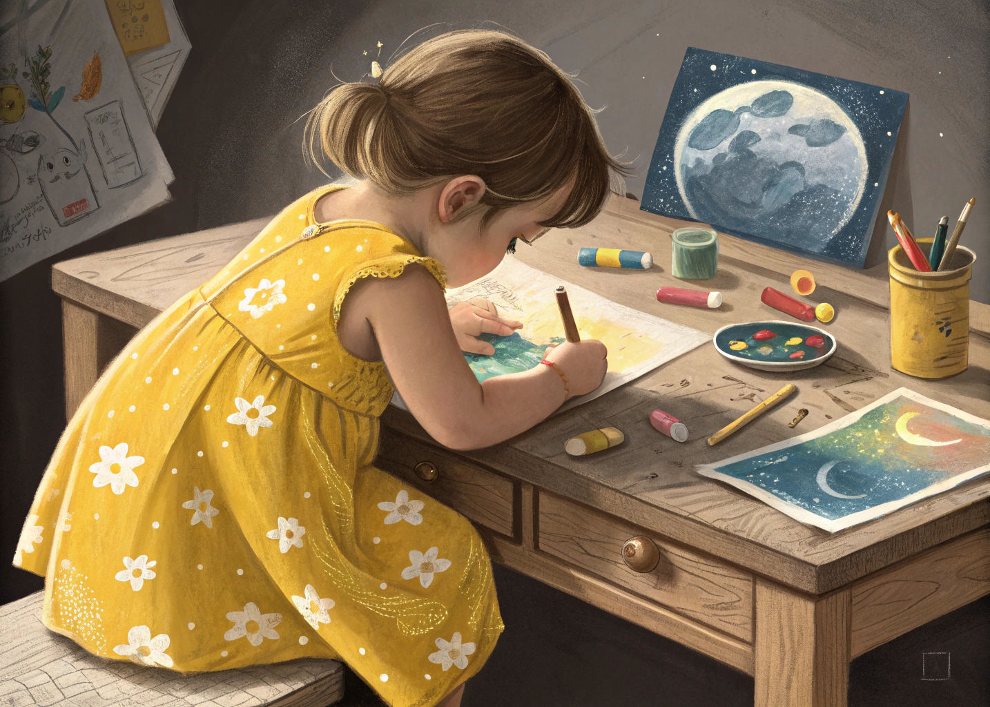 Child's Moon Drawing: Expressive Illustration with Gouache