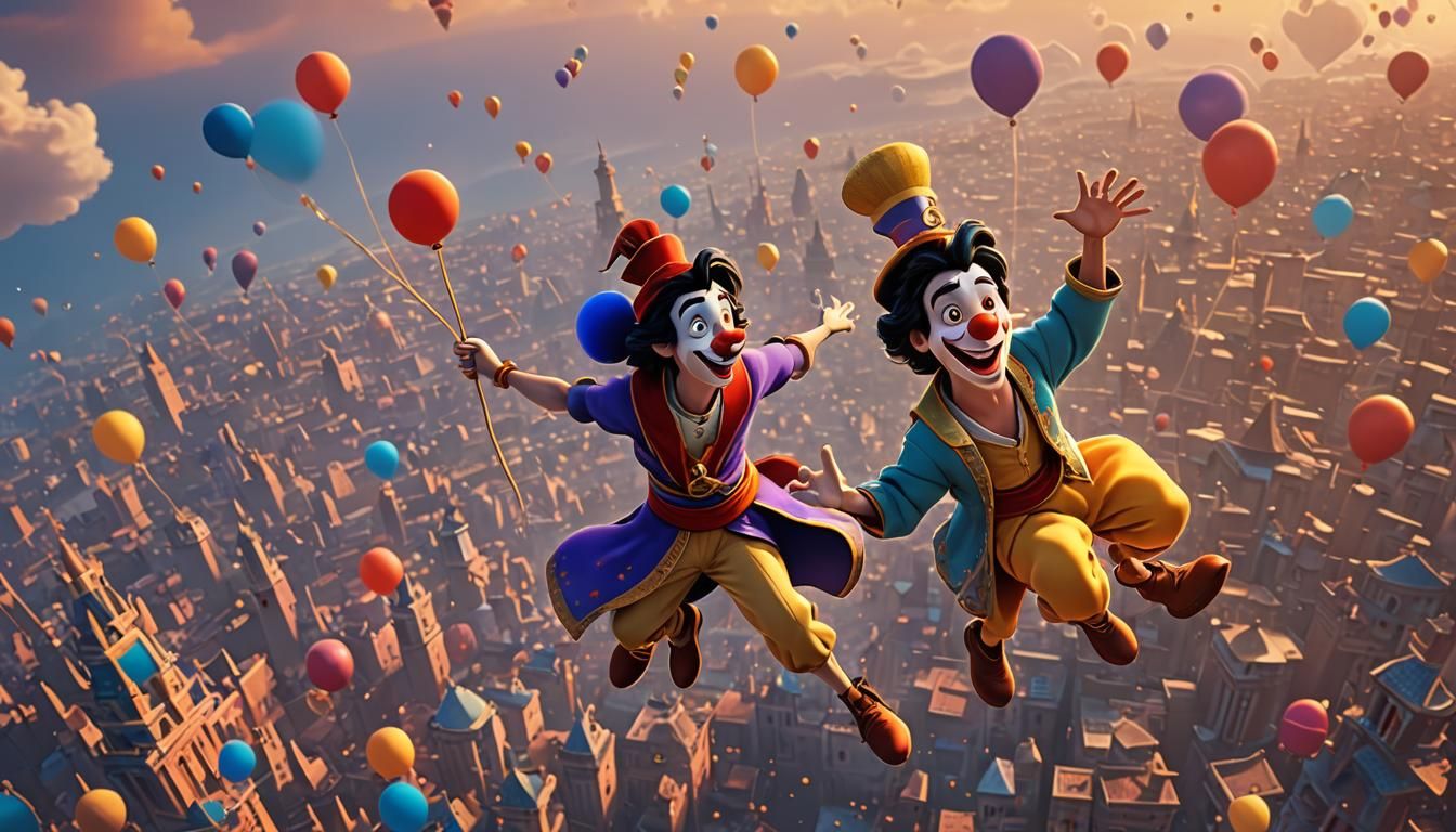 Aladdin and Clown Fly in a Disney Pixar Scene