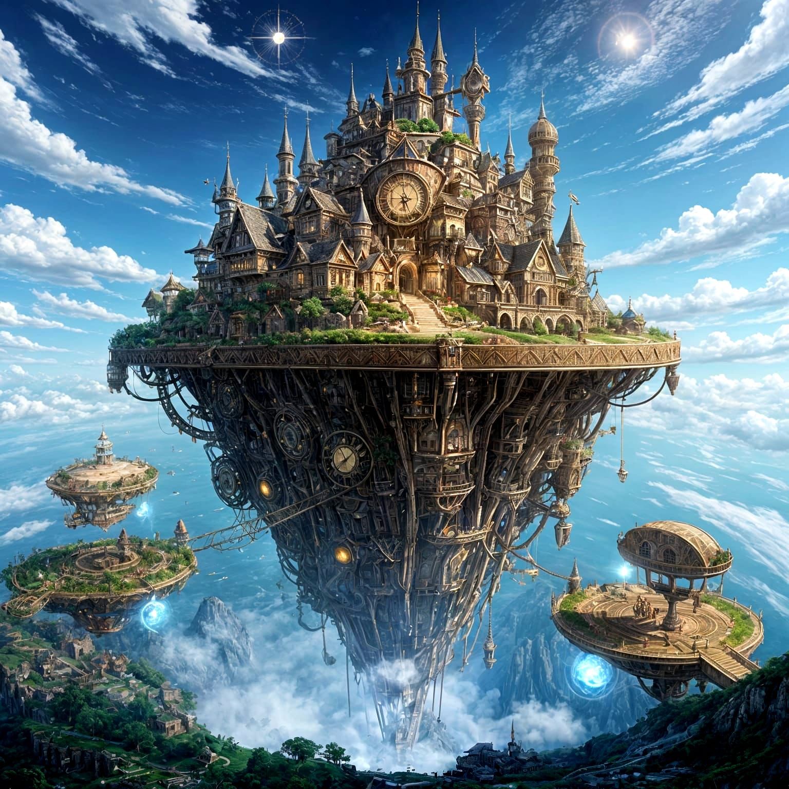 Floating Island Village Fusing Magic and Steampunk