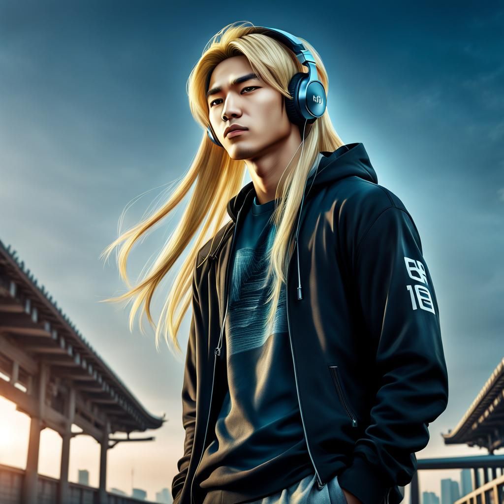 Hyperrealistic Portrait of Asian Boy with Blonde Hair