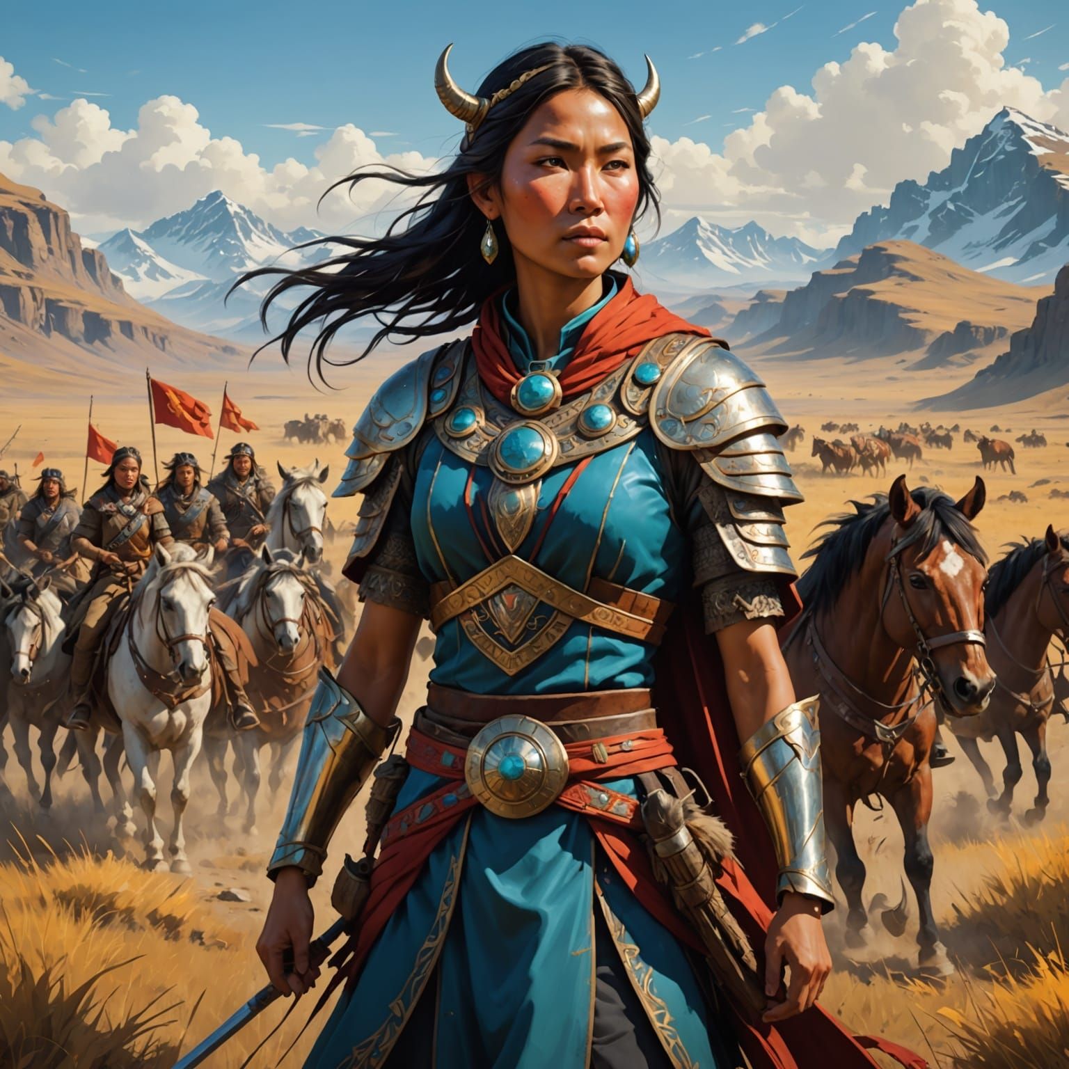 Asian Leader with Horses: Hyperdetailed Concept Art