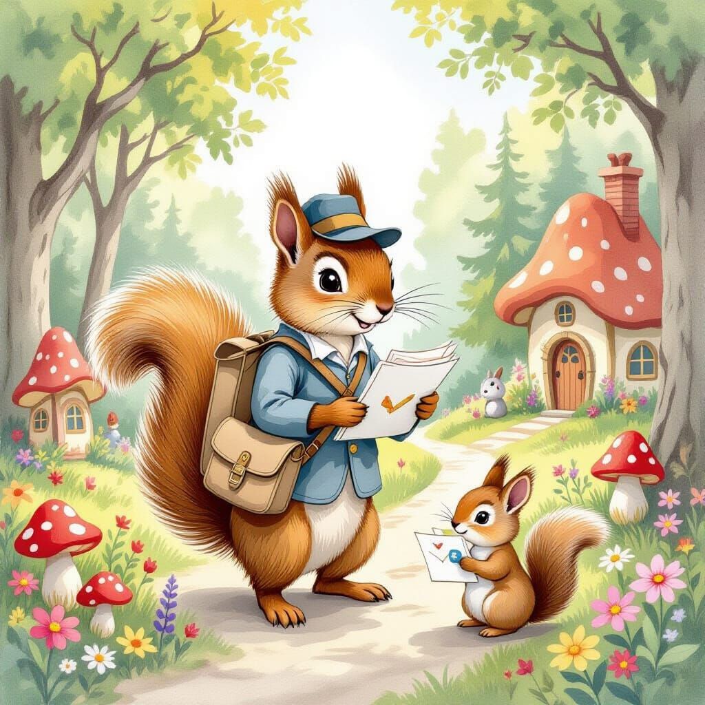 Squirrel Postman Delivers Mail in Forest Village