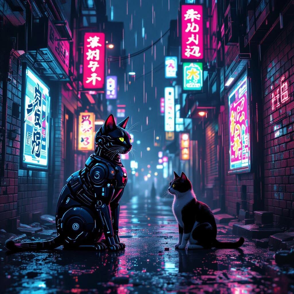 Cyberpunk Cats in Neon Alleyway