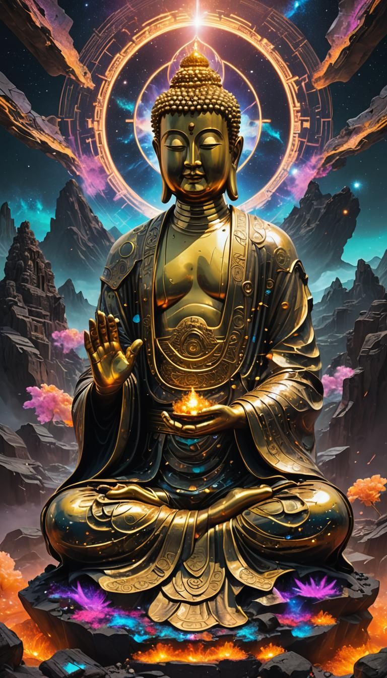 Cyberpunk Buddha on Aztec Mountain with Volcanic Elements