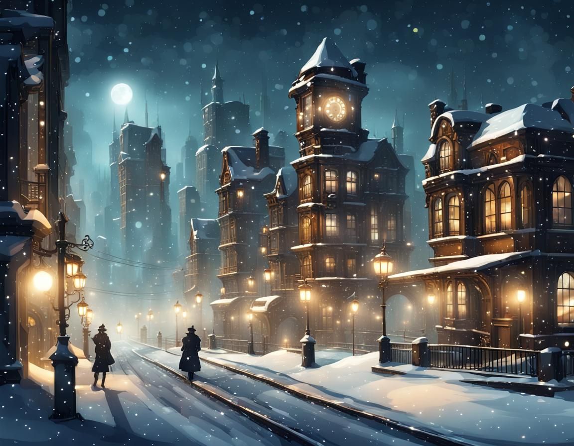 Snowy Steampunk Cityscape at Night
