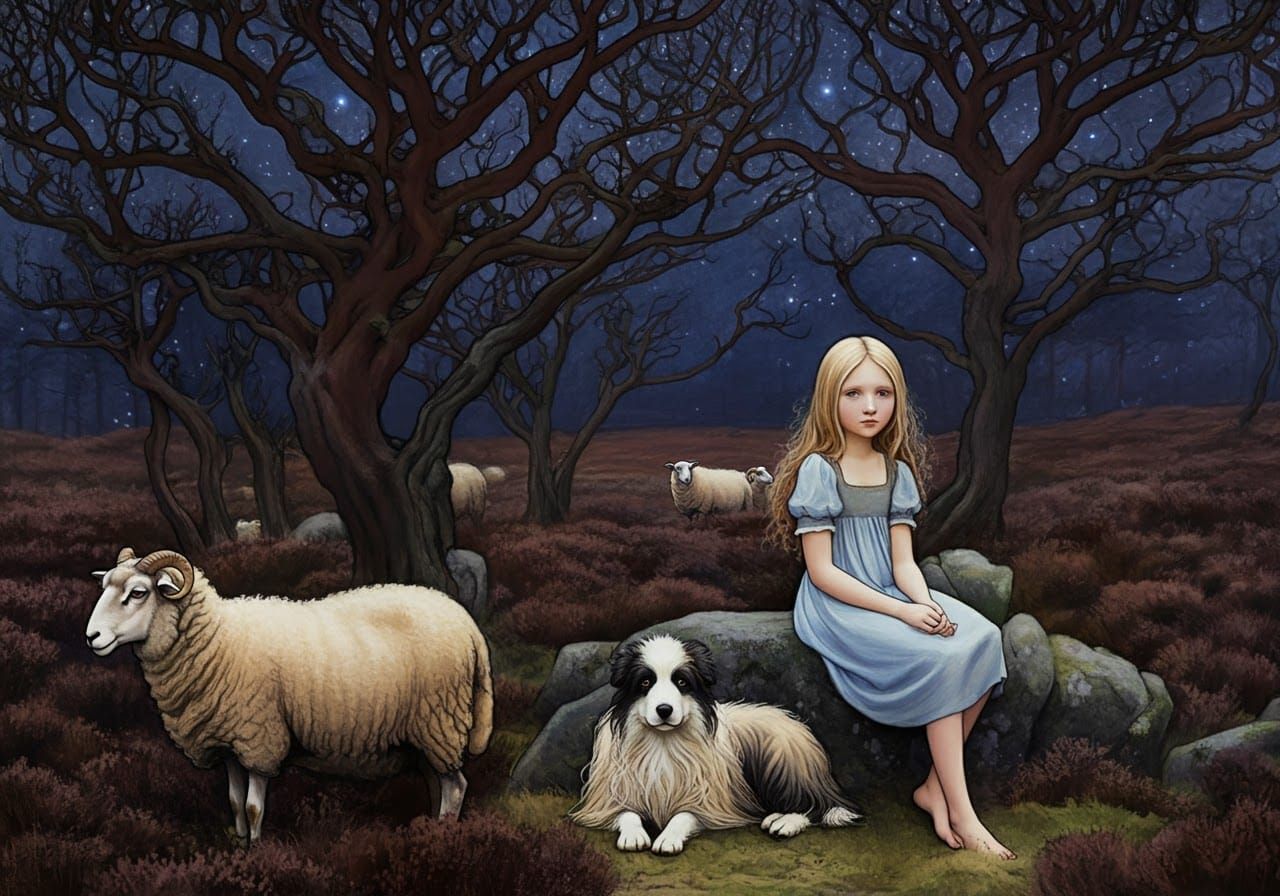 Girl with Sheepdog in Heathland, Rackham Style