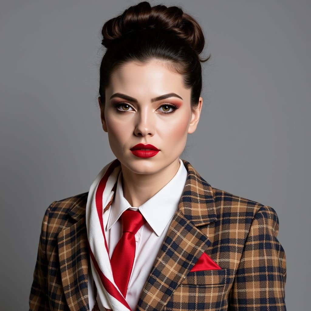 Elegant Woman in Plaid Blazer: Hyperrealistic Studio Portrai...