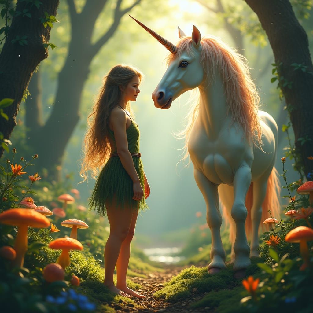 Forest Nymph and Unicorn in Magical Garden