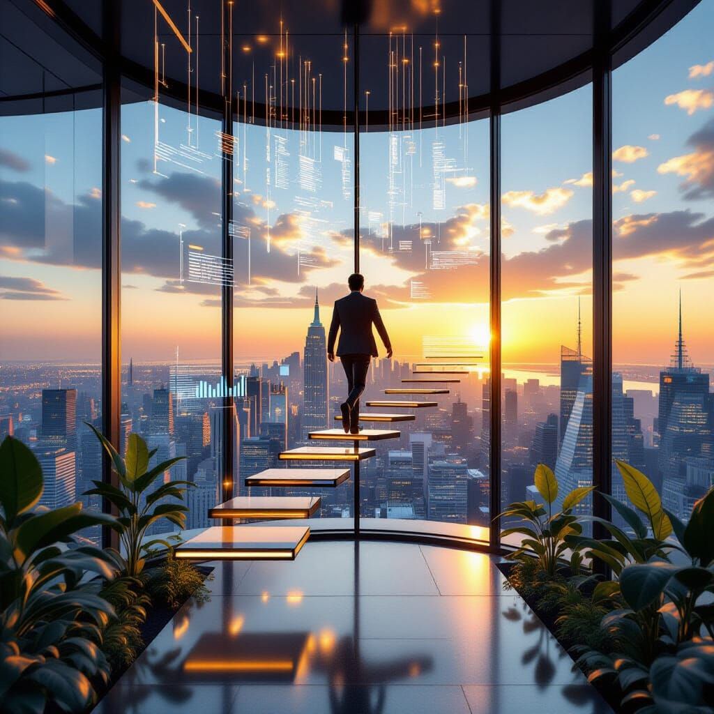 Futuristic Office: Data Leap at Sunrise