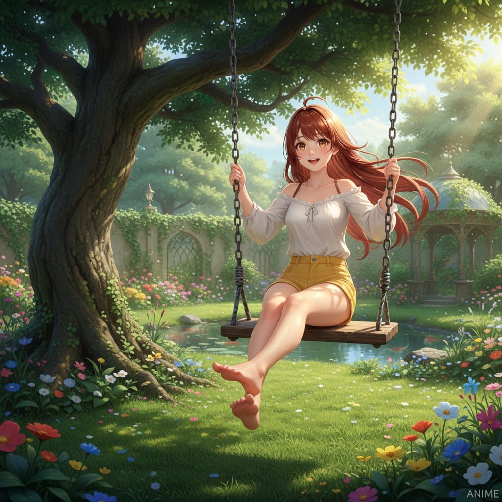 Anime Woman Swinging on Tire Swing in Yard