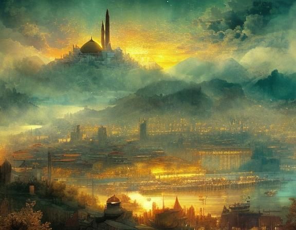 Istanbul Skyline: Orientalist Watercolor at Twilight