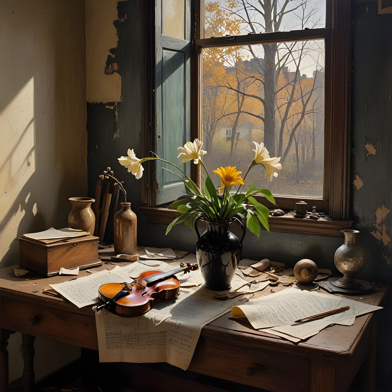 Film Noir Abstract Painting with Instruments and Shadows