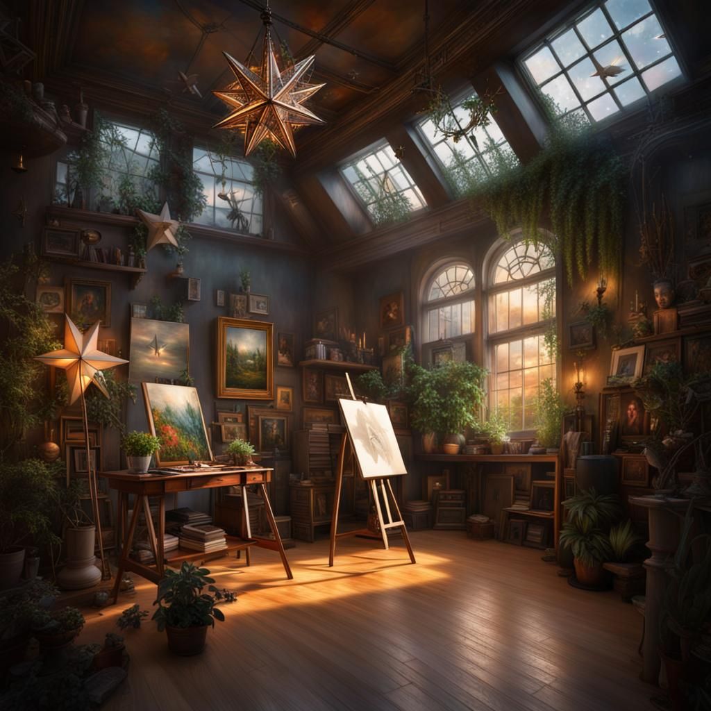 Art Studio with Moravian Star and Flower Study