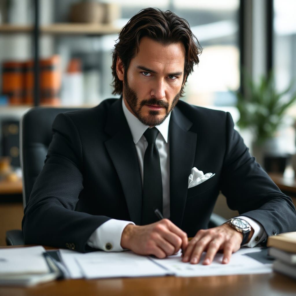 Keanu Reeves, working in an office, a total boss, wearing cu...