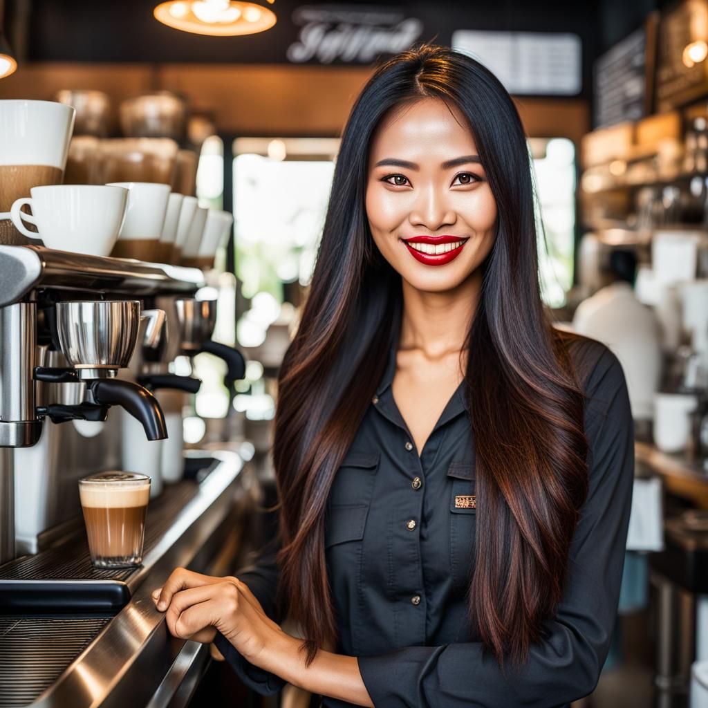 Radiant Khmer Barista Making Coffee, Ultra HD Portrait