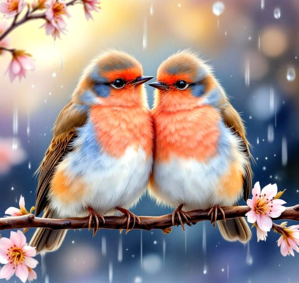 Soft Watercolour Robins in Morning Garden