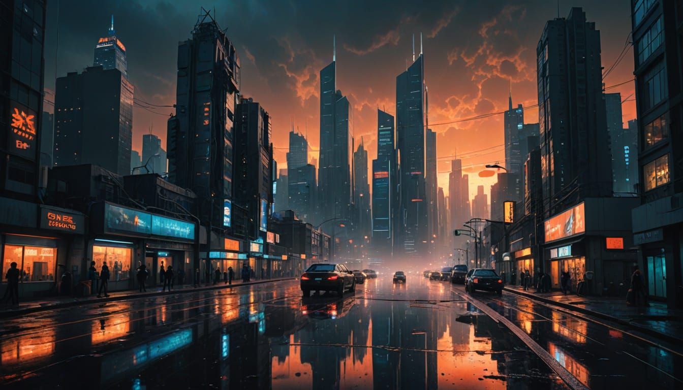 Surreal Futuristic Cityscape at Dusk in Cinematic Digital Ar...