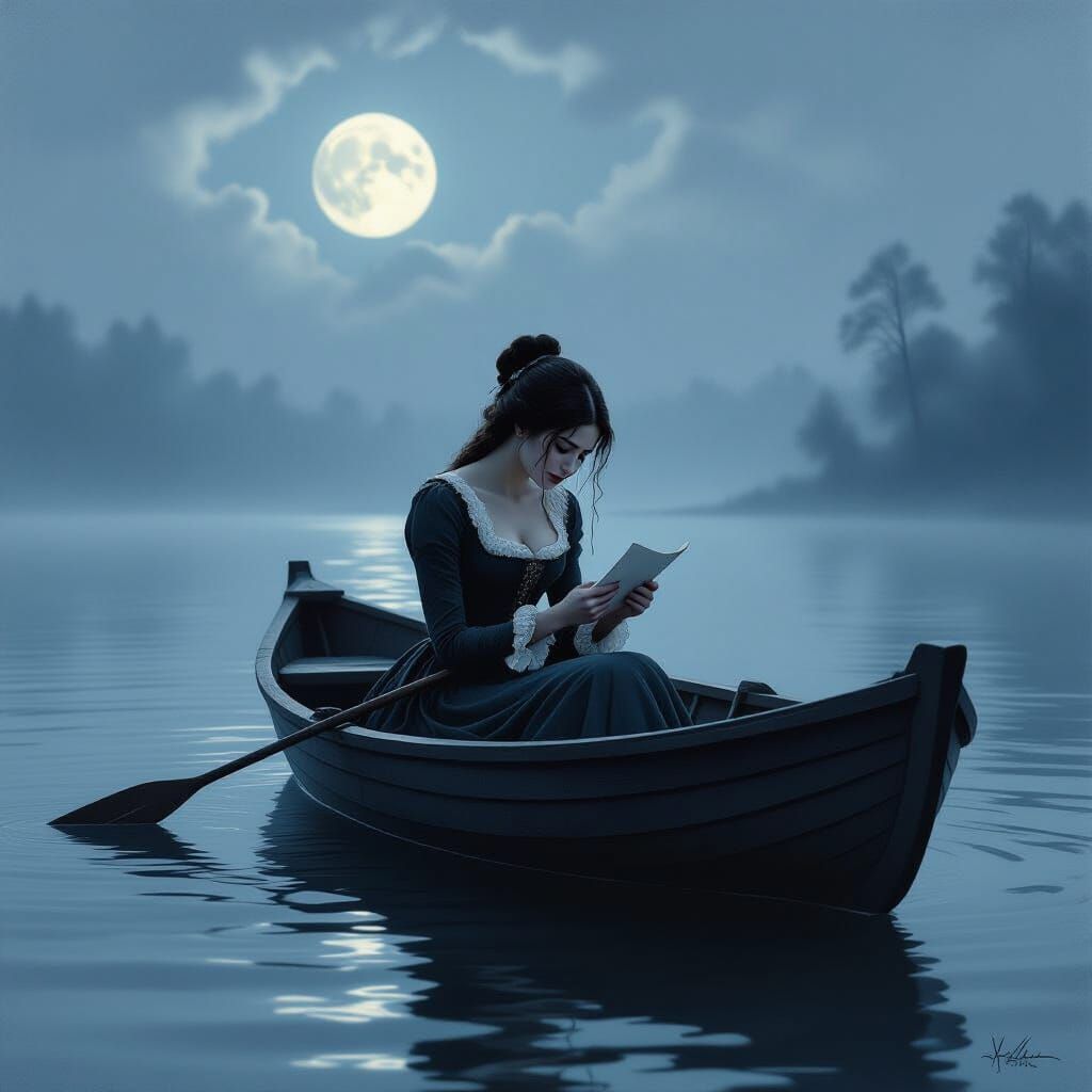 Victorian Woman Weeps Over Husband's Letter in Moonlit Rowbo...
