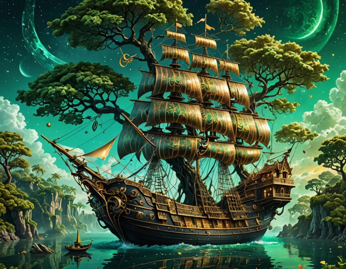 Galleon with Tree Mast Sails Emerald Seas in Mixed Media