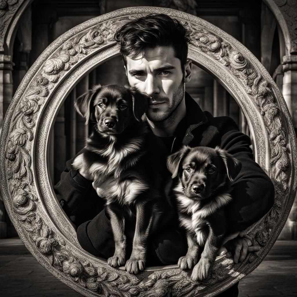 Man and Puppy Surrounded by Shadows: Hyperrealistic Image