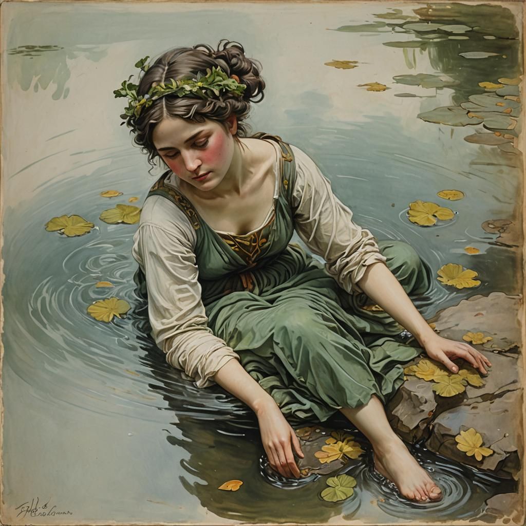 Roman Nymph Sleeping in Water, Detailed Matte Painting