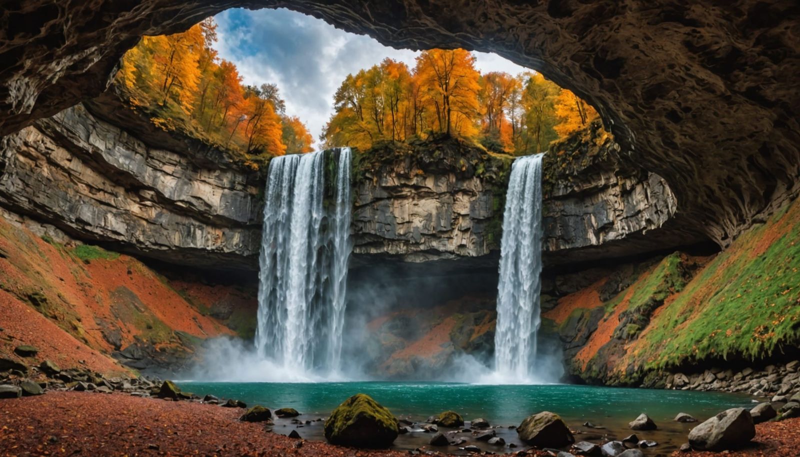 Epic Autumn Waterfall View from Cave Entrance