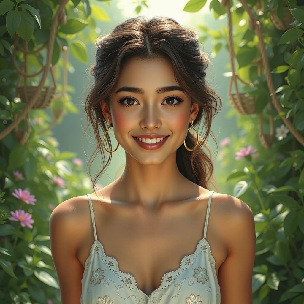 Warm and Inviting Young Woman in a Serene Garden