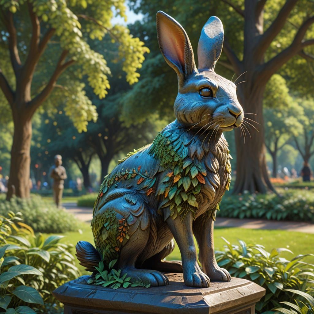 Vibrant Oil Painting Of Rabbit Statue In Park