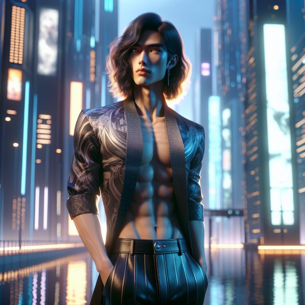 Androgynous Anime Character in Cyberpunk Cityscape