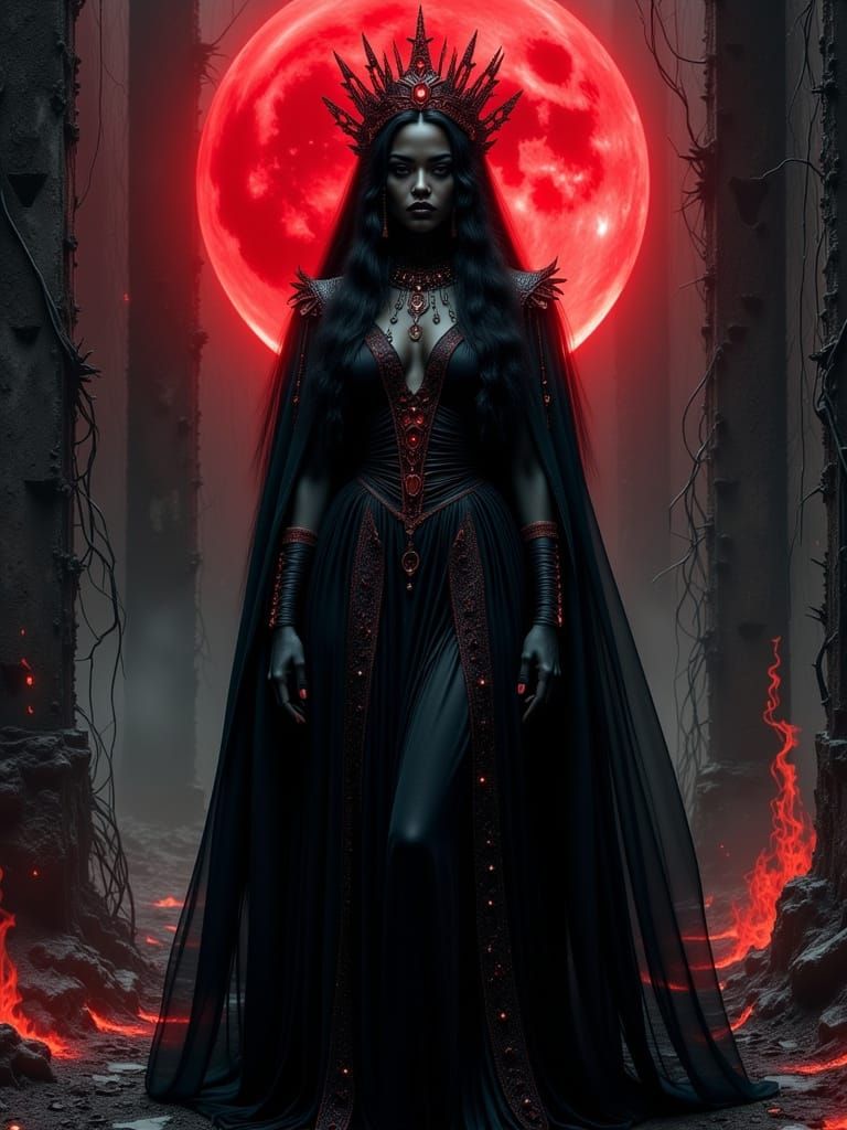 Regal Dark Goddess Under Crimson Moon