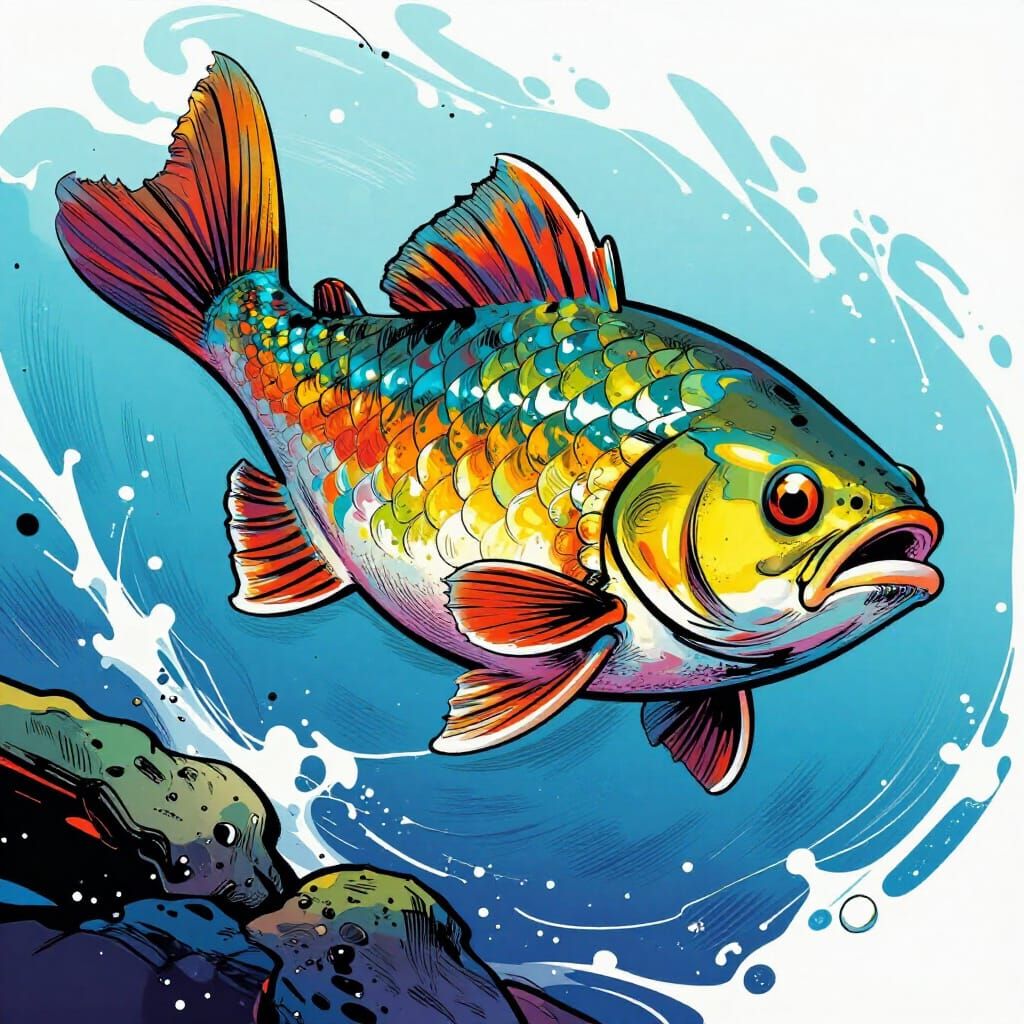 Prehistoric Fish in Vibrant Dynamic Comic Art Style