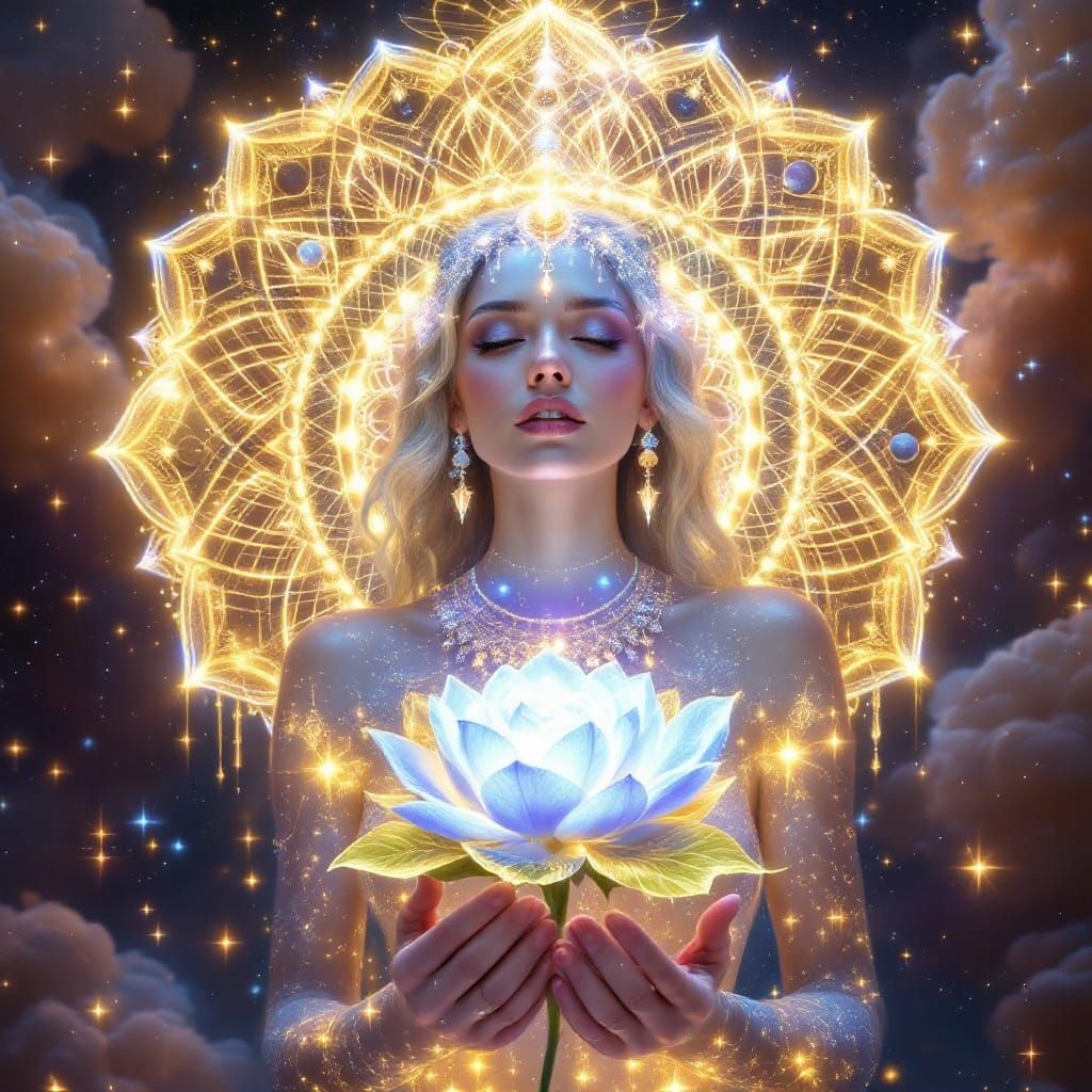 Celestial Woman with Golden Mandala Lotus Flower