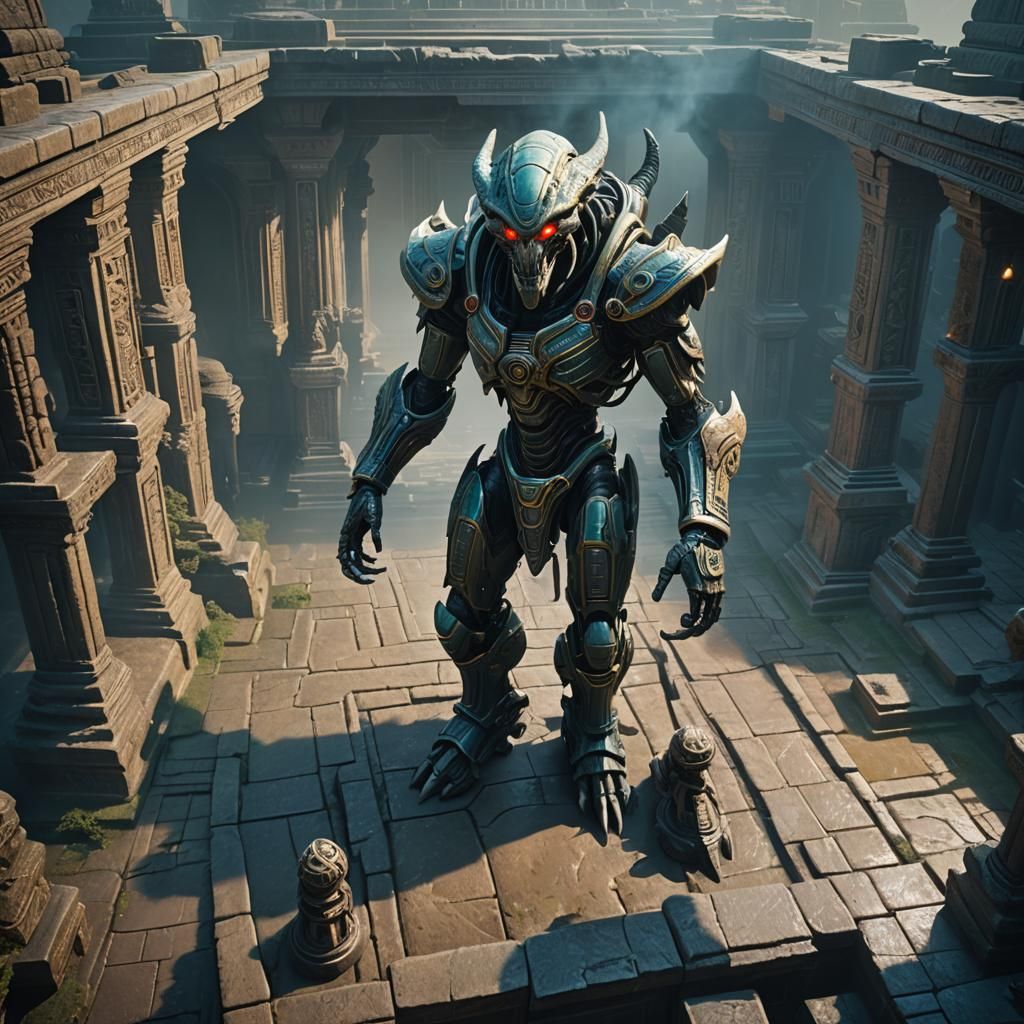 Mystical Alien Hero in Ancient Temple, Surreal Art