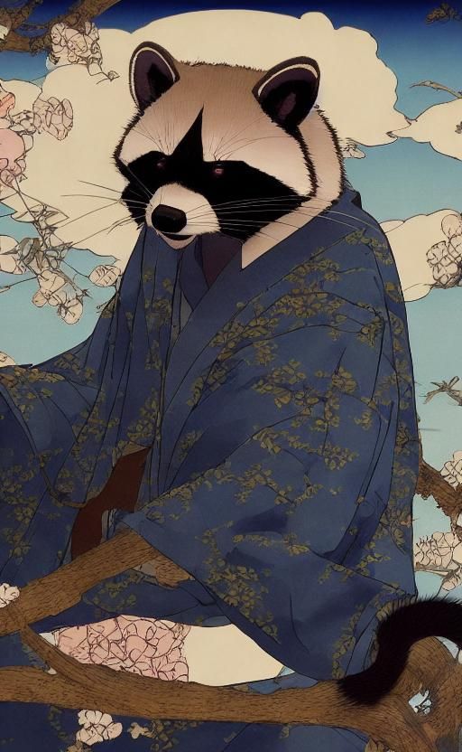 Racoon in Kimono: Ukiyo-e Style Anime Art