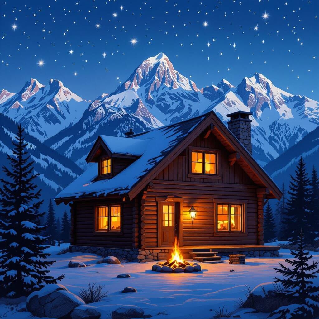 Cozy Rocky Mountain Cabin Under Starry Night Sky
