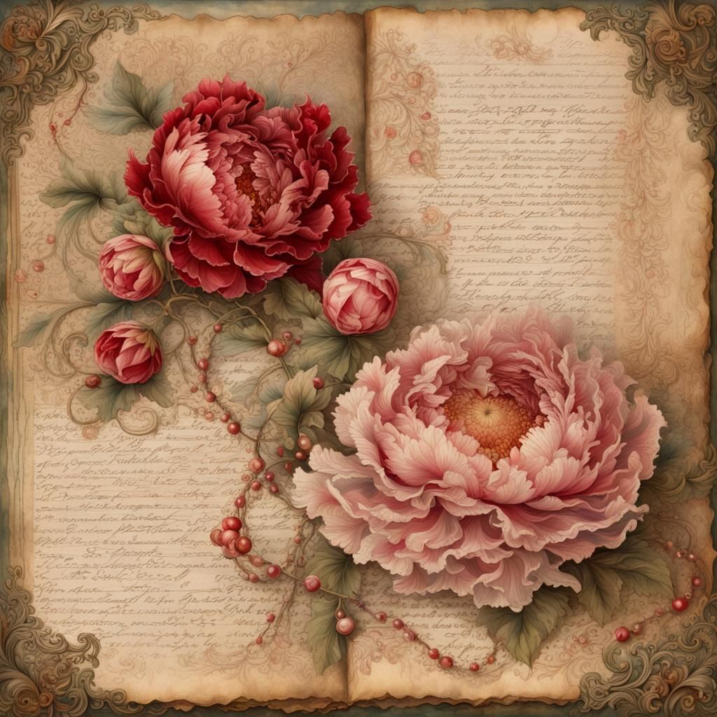Vintage Journal Page with Peonies and Rococo Frame
