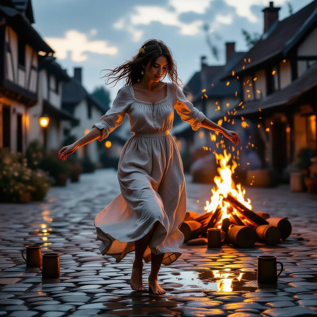 Village Bonfire Dance in Realistic Style